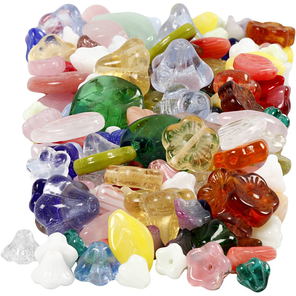 Glass beads, leaves, flowers, dia. 6-17 mm, hole size 0,5-1,5 mm, assorted colours, 350 g