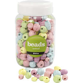Perlen aus Holz, D 10-15 mm, Lochgröße 3-5 mm, Hellblau, Hellgrün, Rosa, Hellgelb, 400 ml/ 1 Eimer [HOB-684690]