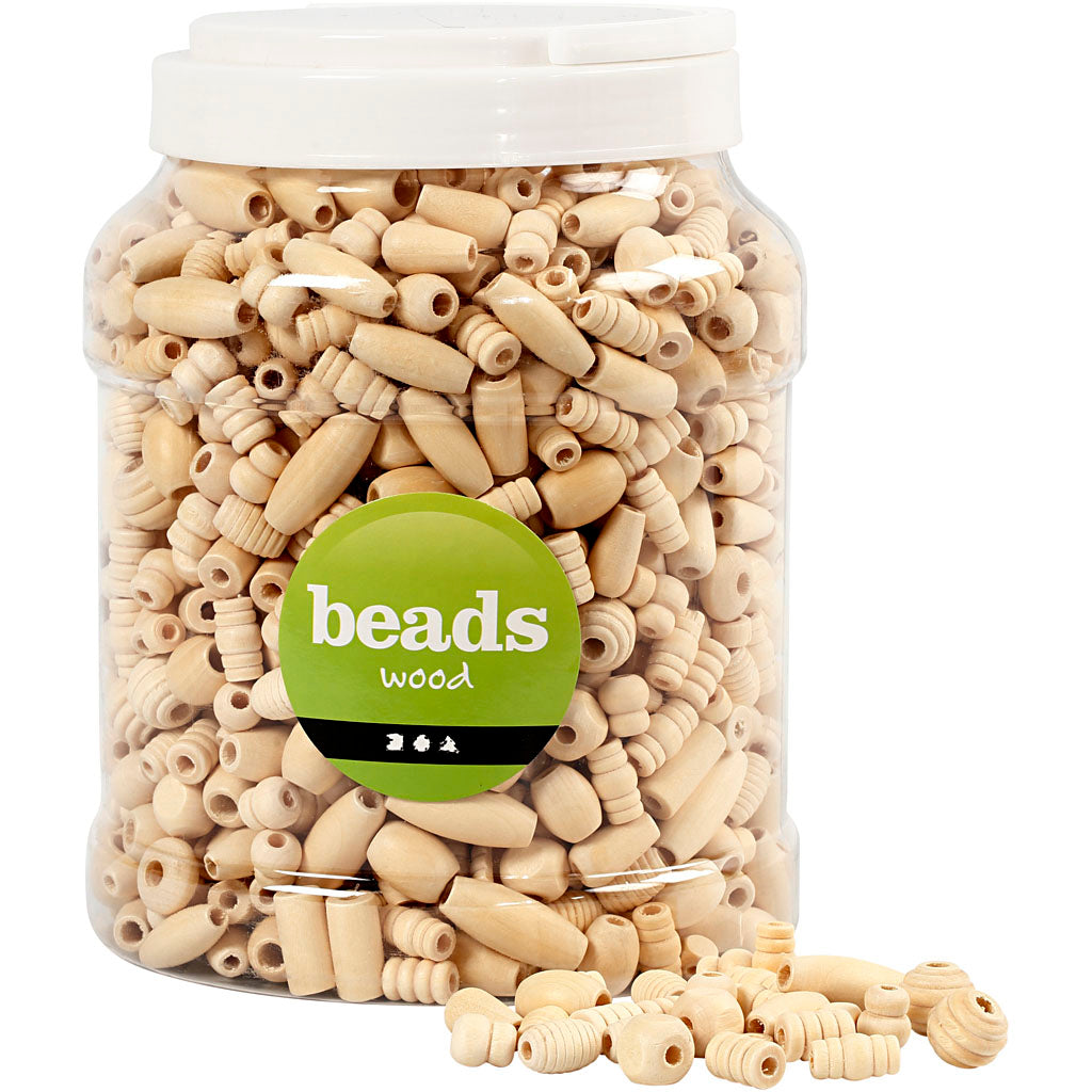 Wooden Beads, size 5-28 mm, hole size 2,5-3 mm, ca. 1462 pc, 850 g, 2 L/ 1 bucket