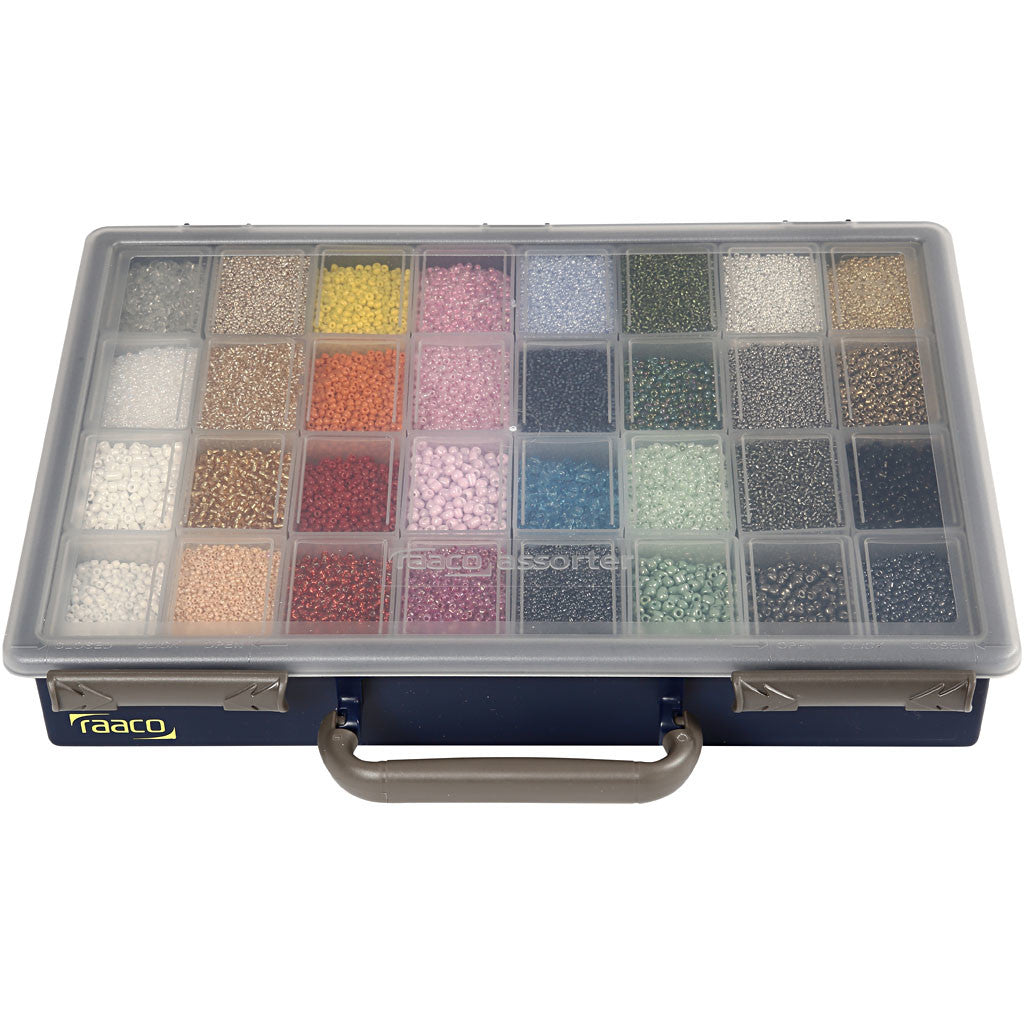 Rocailleperlen, D 1,7+3+4 mm, Größe 6/0+8/0+12/0, Lochgröße 0,5-1,2 mm, Farbe kann variieren , 32x100 g/ 1 Pck [HOB-688213]