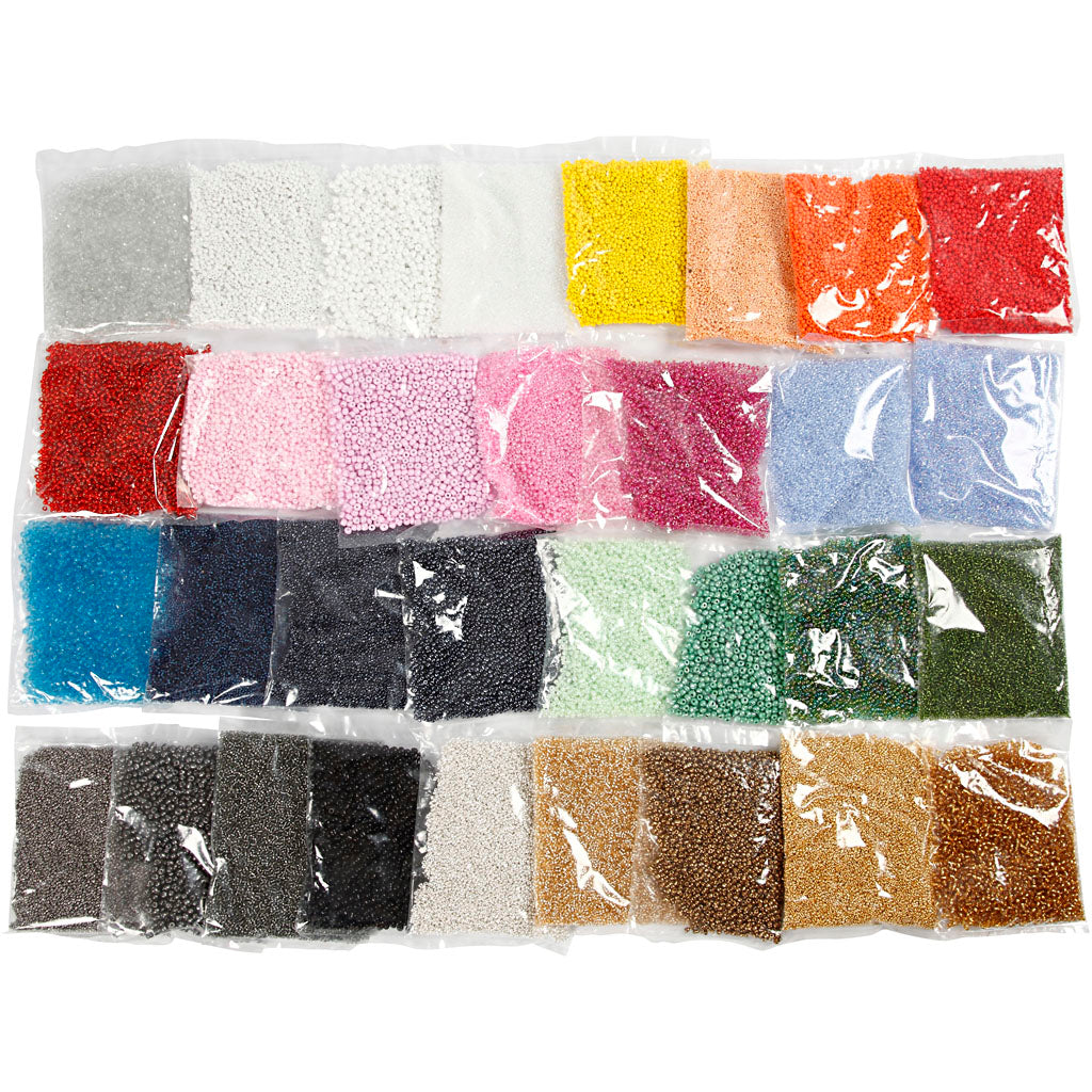 Rocailleperlen, D 1,7+3+4 mm, Größe 6/0+8/0+12/0, Lochgröße 0,5-1,2 mm, Farbe kann variieren , 32x100 g/ 1 Pck [HOB-68821]