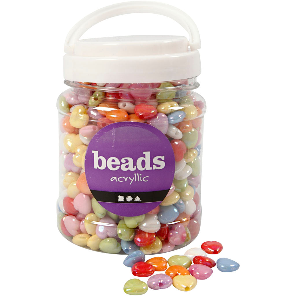 Heart Beads, size 15x15 mm, hole size 3 mm, ca. 700 pc, assorted colours, 465 g, 700 ml/ 1 tub