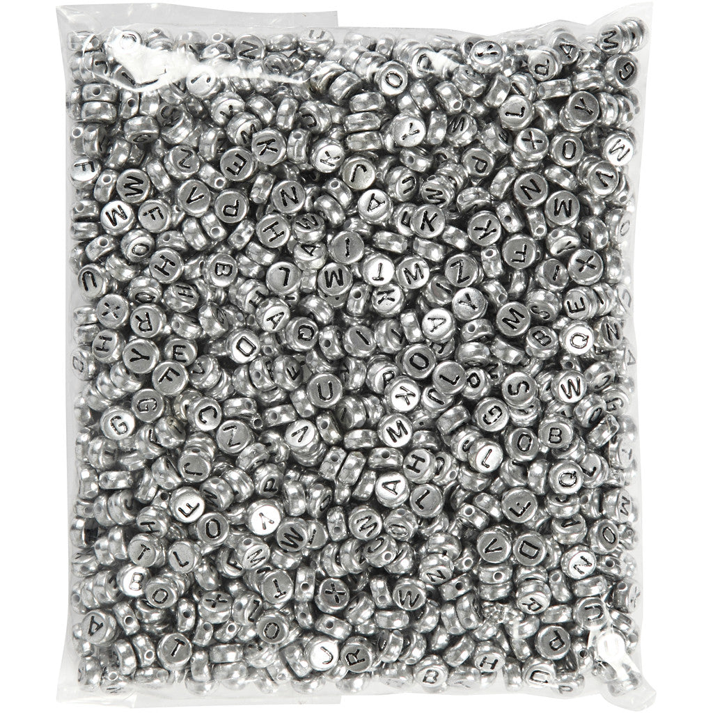 Buchstaben-Perlen, D 7 mm, Lochgröße 1,2 mm, ca. 1500 Stk, Silber, 165 g/ 1 Pck [HOB-69933]