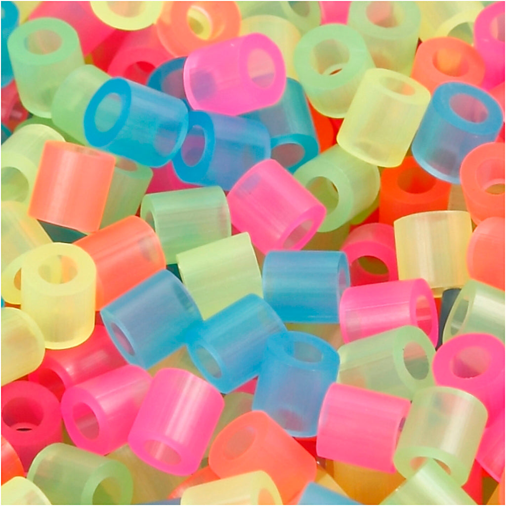 Fuse Beads, size 5x5 mm, hole size 2,5 mm, medium, neon colours, 5000 asstd./ 1 bucket
