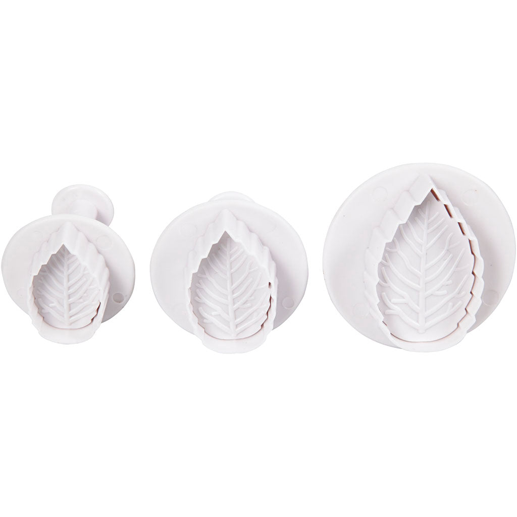 Embossing Cookie Cutters, leaf, dia. 3,4+4,4+4,9 cm, white