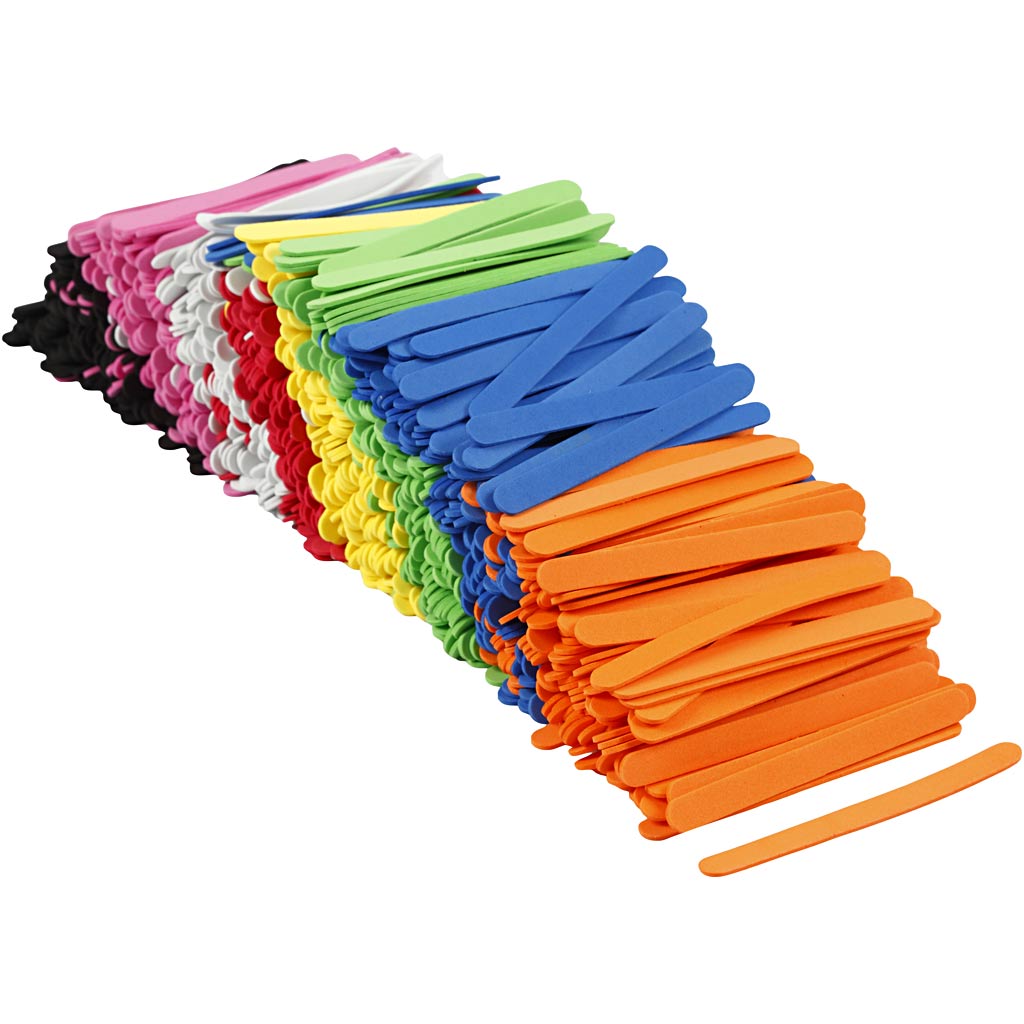 Foam Ice Lolly Sticks, L: 11,5 cm, W: 1 cm, thickness 2 mm, assorted colours, 1000 pc