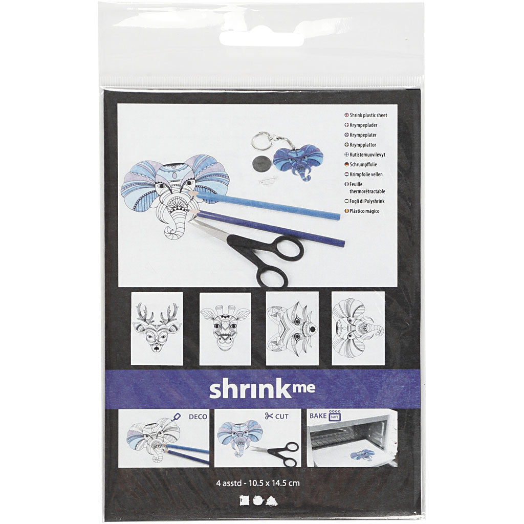 Plastikschrumpfplatten mit Motiven, Wilde Tiere, Blatt 10,5x14,5 cm, Dicke 0,3 mm, Matt transparent, 4 Bl./ 1 Pck [HOB-79067]