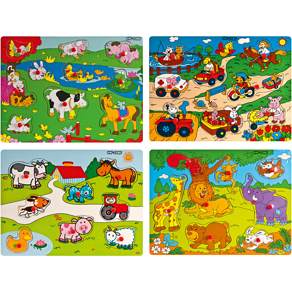 Wooden jigsaw puzzles with knobs, size 22,5x30 cm, 8-10 puzzle pieces, 4 pc