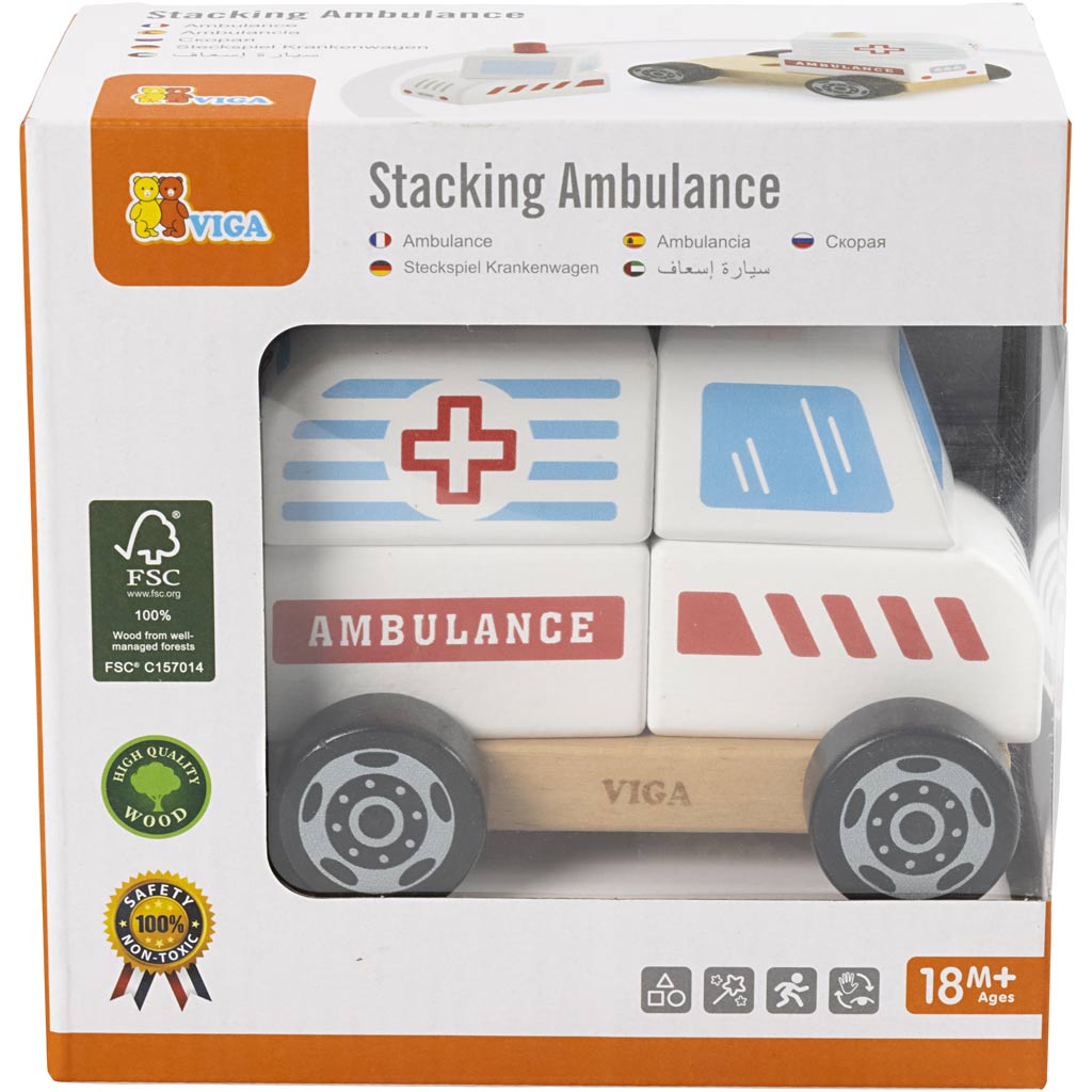 VIGA Ambulanzwagen aus Holzklötzen, Ambulanz, Größe 13x10x8 cm, 1 Stk [HOB-907664]