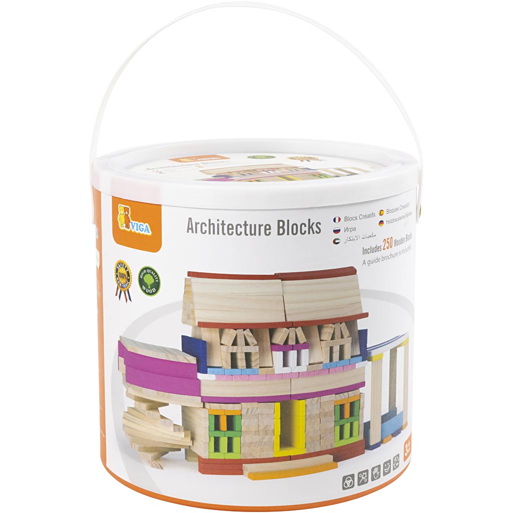 VIGA Holzbauklötze, Größe 10 cm, Sortierte Farben, 250 Teile/ 1 Pck [HOB-907761]