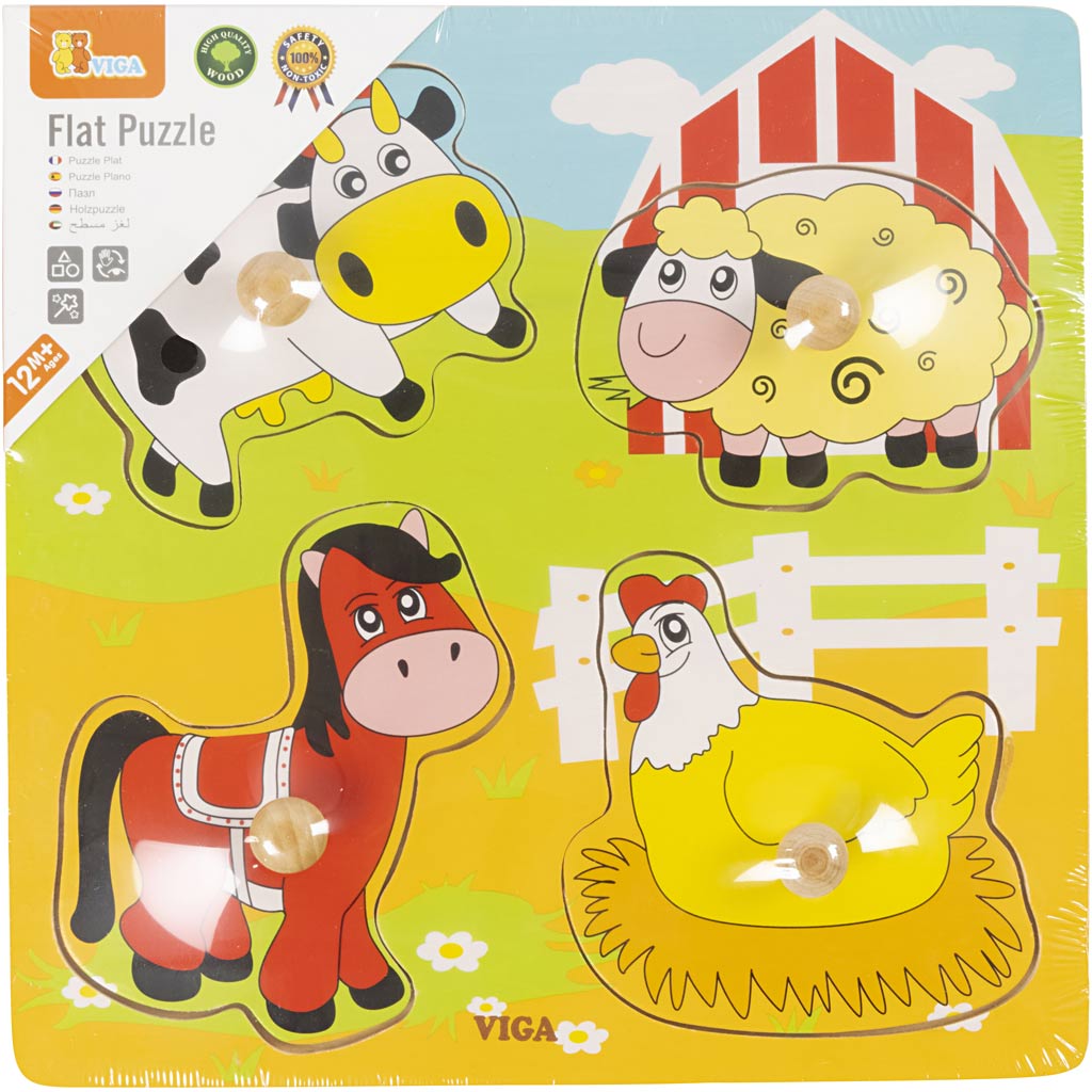 VIGA Holzpuzzle mit Greifknöpfen, Bauernhoftiere, Größe 22x22 cm, 4 Stücke, 1 Stk [HOB-907764]