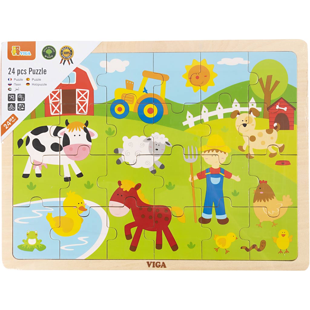 VIGA Holzpuzzles, Bauernhoftiere, Größe 30x22,5 cm, 24 Stücke, 1 Stk [HOB-907789]