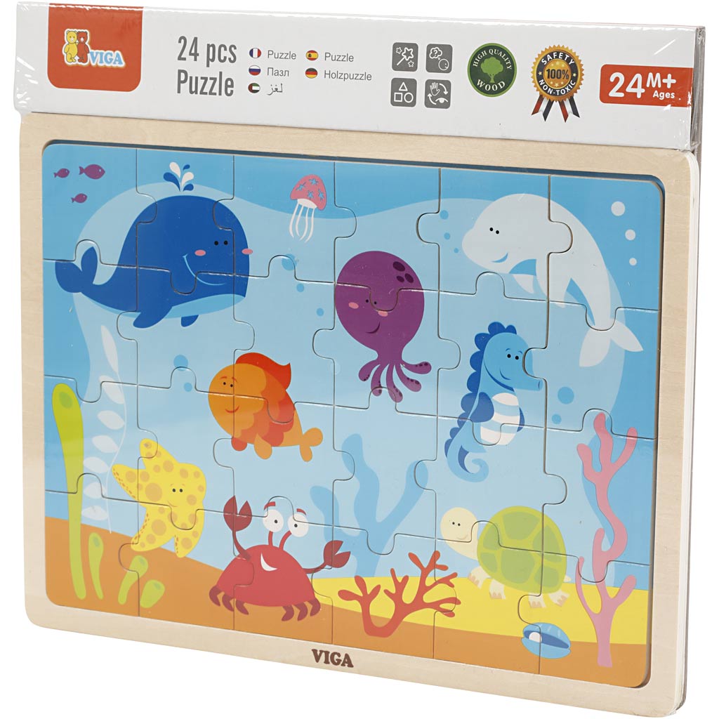 VIGA Holzpuzzle, Meerestiere, Größe 30x22,5 cm, 24 Stücke, 1 Stk [HOB-907791]