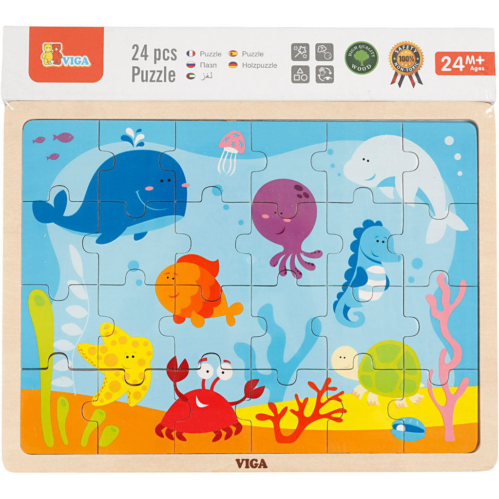 VIGA Holzpuzzle, Meerestiere, Größe 30x22,5 cm, 24 Stücke, 1 Stk [HOB-907791]