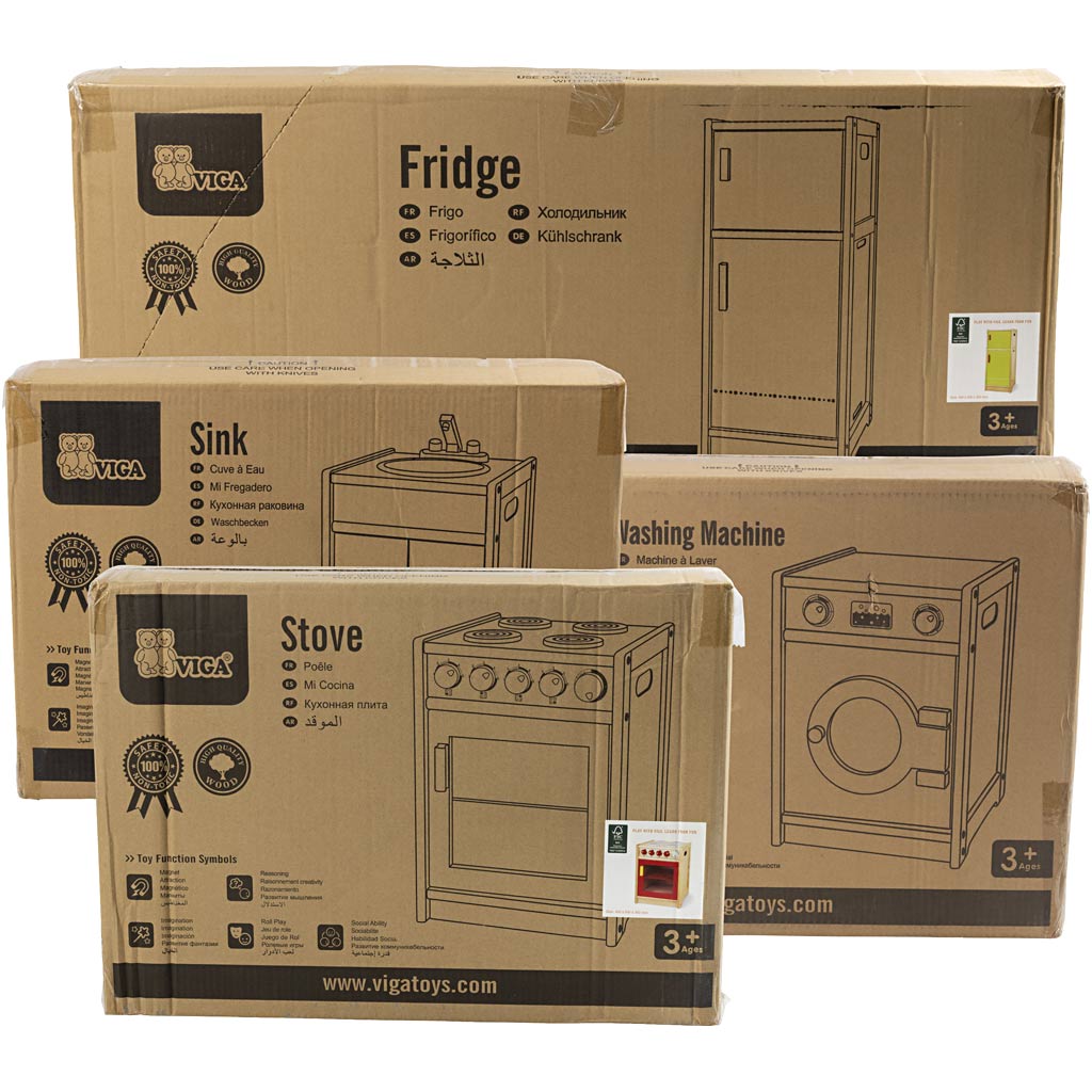 VIGA Spielküche aus Holz, H 54-92 cm, T 36 cm, B 160 cm, 4 Teile/ 1 Set [HOB-908579]