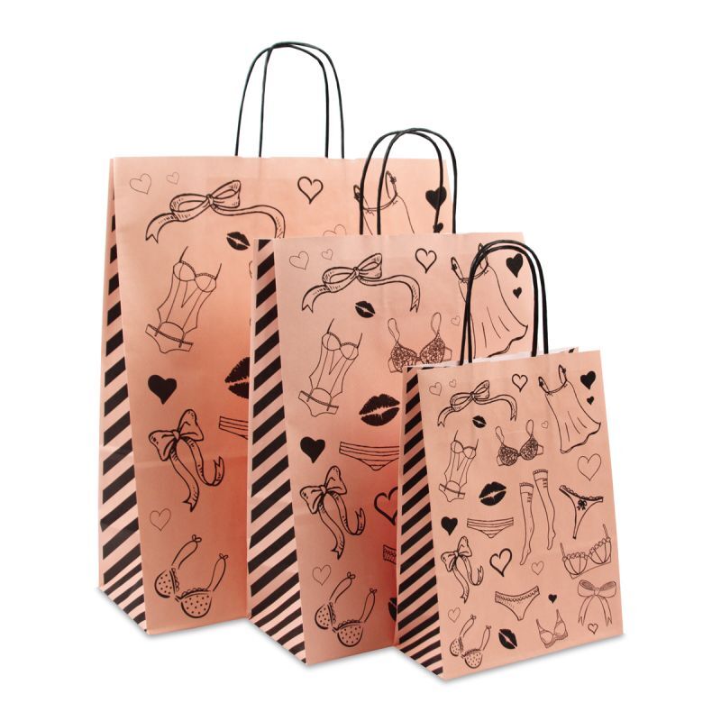 Papiertragetaschen mit gedrehte Griffe - Lingerie 18+8x24 cm Hellrosa (300 Stück) [FP-DPT089]