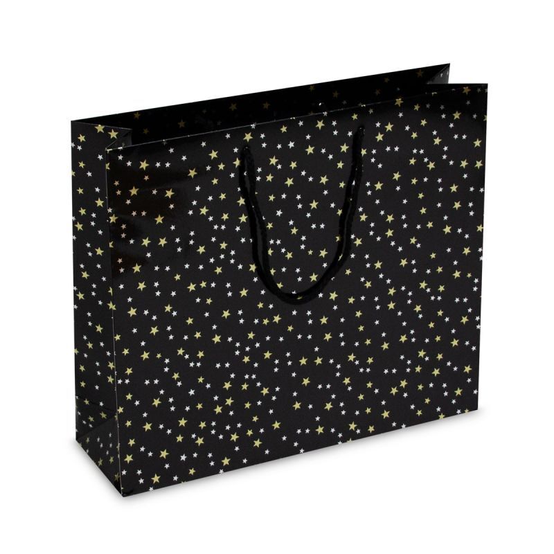 Luxuriöse Papier-Weihnachtstaschen - Stars 40+12x35 cm Schwarz (100 Stück) [FP-KDS004]