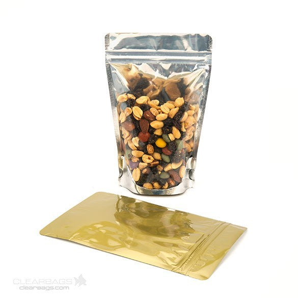 Standbodenbeutel Transparent/Gold 11.9x7.6x18.4cm | 110 Gramm (100 Stück) [ZBGG46]