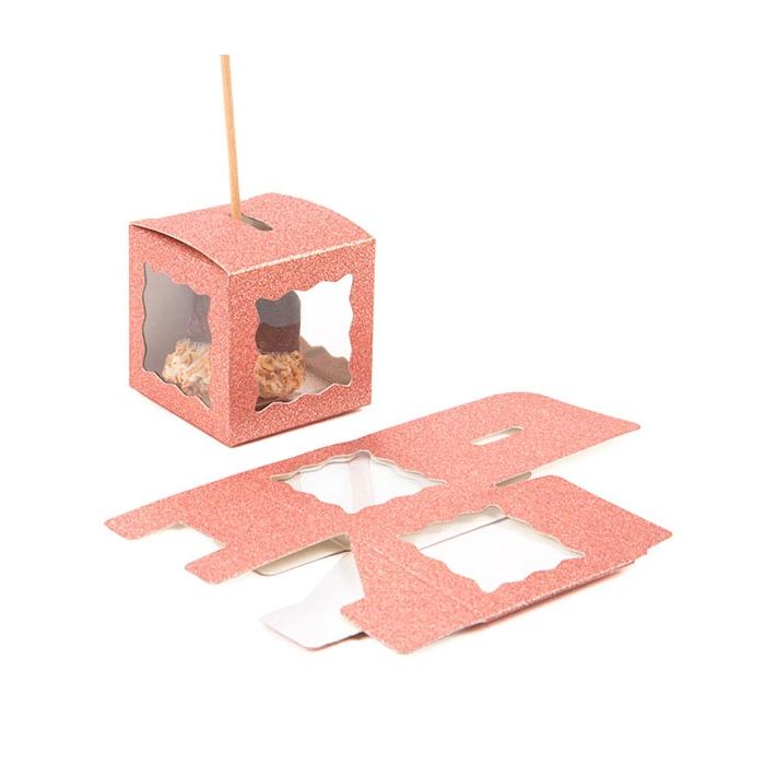Faltbare Box Glitzer Rose Gold 5,1x5,1x5,1 cm 3 seitiges Fenster (25 Stück) [FB1RGW]