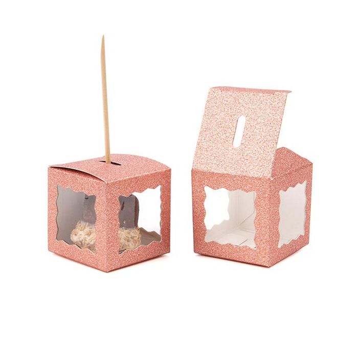 Faltbare Box Glitzer Rose Gold 5,1x5,1x5,1 cm 3 seitiges Fenster (25 Stück) [FB1RGW]