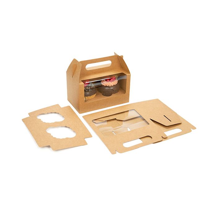 Cupcake-Boxen für 2 Cupcakes 17.8x10.2x10.2cm Kraft mit Griffen (100 Stück) [CBS173K]