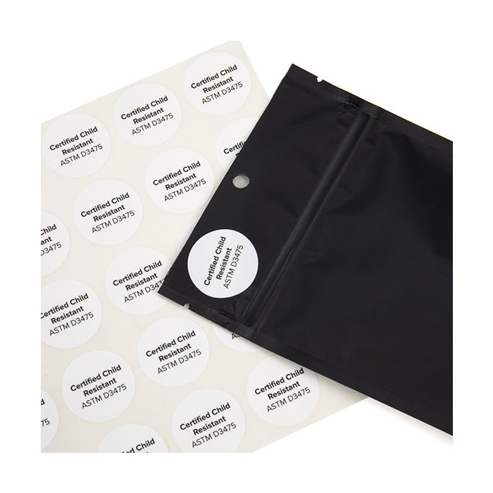 Sticker Rund "Certified Child Resistant" (Weiß mit Schwarz text) 2,5 cm (1 Blatt) [LS1CCR]
