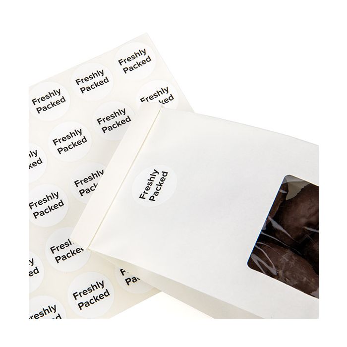 Sticker Rund "Freshly Packed" (Weiß mit Schwarz text) 2,5 cm (1 Blatt) [LS1FP]