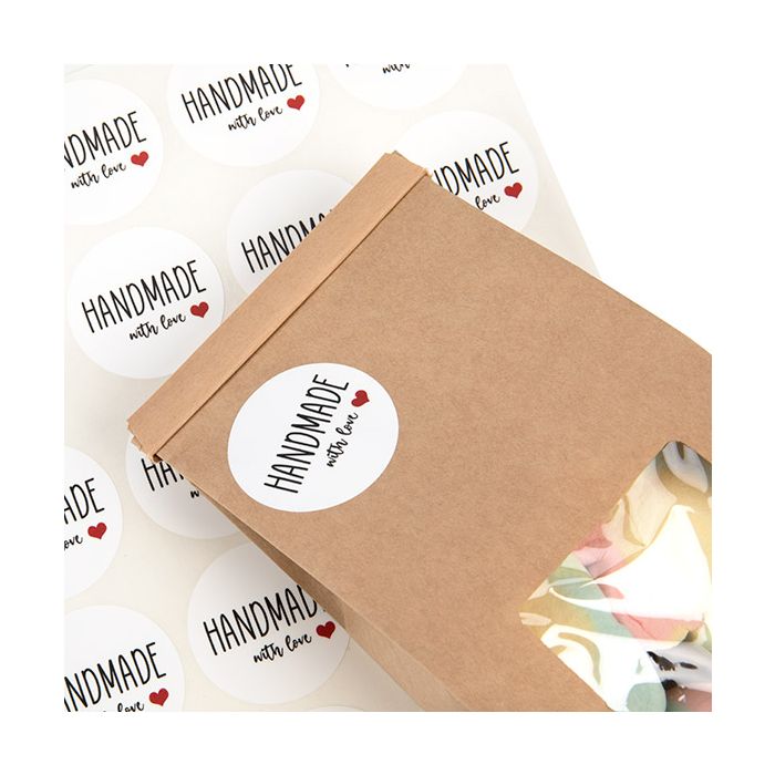 Sticker Rund "Homemade with love" (Weiß mit Schwarz Text & Rot Herz) 3,8 cm (1 Blatt) [LS1HHMLH]