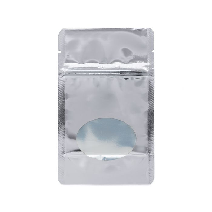 Standbodenbeutel Silber 8x5x13cm | 28 Gramm mit rundem Fenster (100 Stück) [ZBGMO1S]