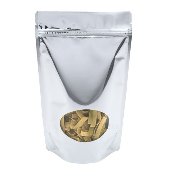 Standbodenbeutel Silber 17.1x8.9x28.6cm | 340 Gramm mit rundem Fenster (100 Stück) [ZBGMO4S]