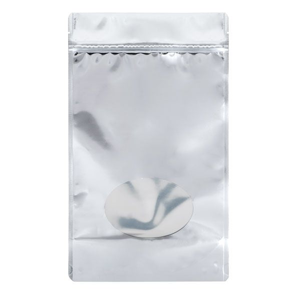 Standbodenbeutel Silber 17.1x8.9x28.6cm | 340 Gramm mit rundem Fenster (100 Stück) [ZBGMO4S]