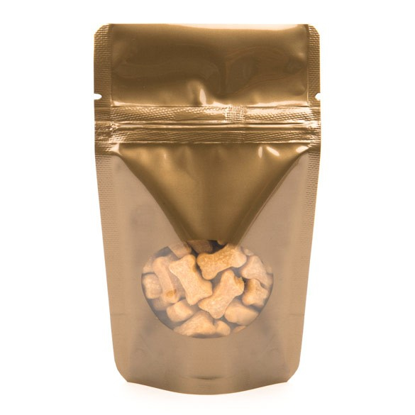 Standbodenbeutel Bronze 8x5x13cm | 28 Gramm mit rundem Fenster (100 Stück) [ZBGO1BZ]