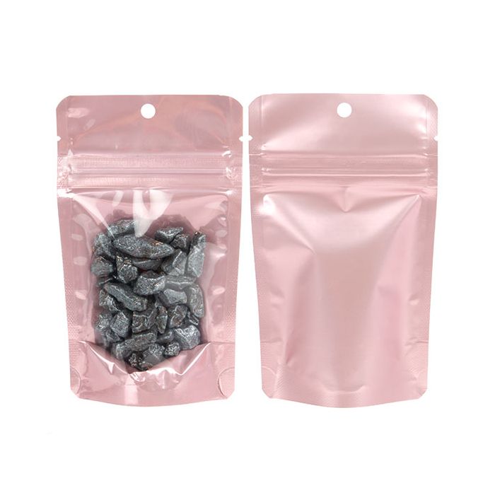 Standbodenbeutel Transparent/Rosé Gold 8x5x13cm | 28 Gramm mit Aufhängeloch (100 Stück) [ZBGRG1]
