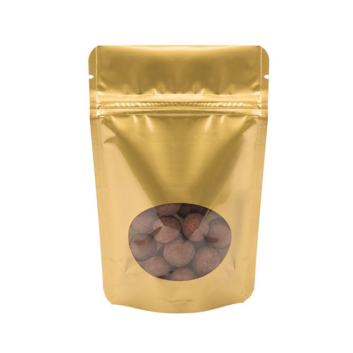 Standbodenbeutel Gold 10.2x6x15.2cm | 57 Gramm mit rundem Fenster (100 Stück) [ZBGO2G]