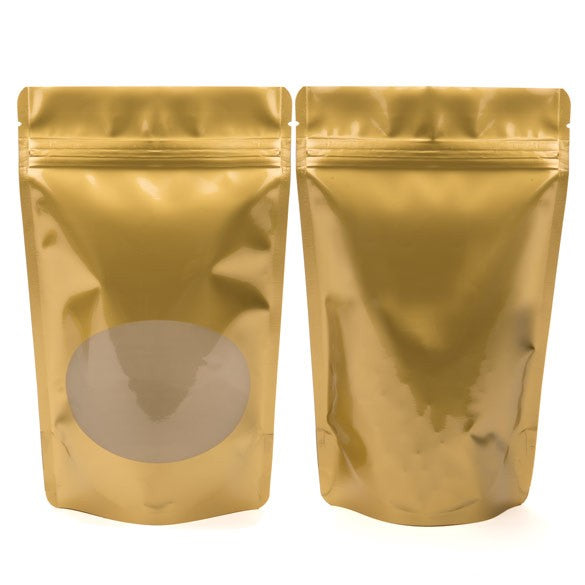 Standbodenbeutel Gold 13x7x20.5cm | 110 Gramm mit rundem Fenster (100 Stück) [ZBGO3G]