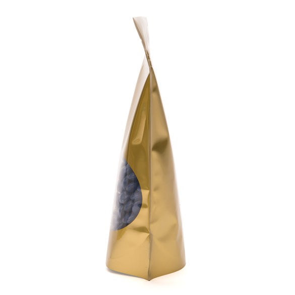 Standbodenbeutel Gold 13x7x20.5cm | 110 Gramm mit rundem Fenster (100 Stück) [ZBGO3G]
