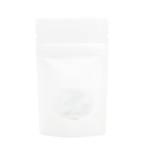 Standbodenbeutel Kraft Weiß 8x5x13cm | 28 Gramm mit rundem Fenster (100 Stück) [ZBGO1WK]