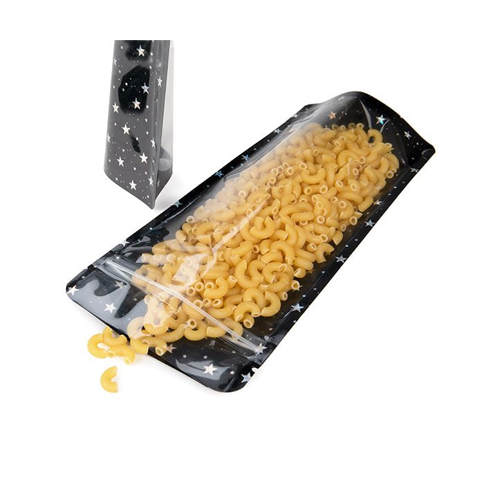 Standbodenbeutel Transparent/Schwarze holografische Sterne 10,8x6x23,8 cm mit Aufhängeloch (25 Stück) [ZBGHB1NC]