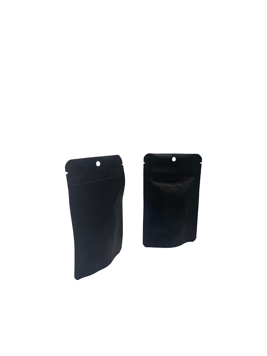 Standbodenbeutel Mattschwarz 8x5x13cm | 28 Gramm mit Aufhängeloch (100 Stück) [ZBGM1MBH]