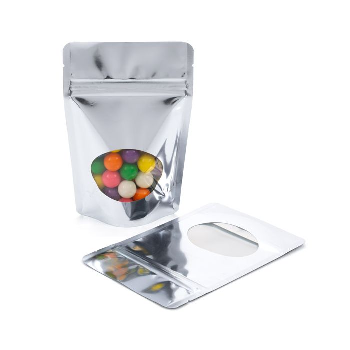 Standbodenbeutel Silber 10.2x6x15.2cm | 57 Gramm mit rundem Fenster (100 Stück) [ZBGMO2S]