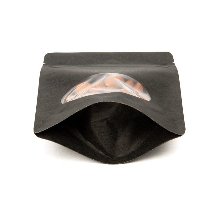 Standbodenbeutel Kraft Schwarz 13x8x20.5cm | 110 Gramm mit rundem Fenster (100 Stück) [ZBGO3BK]