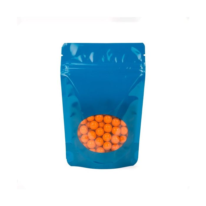 Standbodenbeutel Blau 14.9x8.9x23.2cm | 310 Gramm mit rundem Fenster (100 Stück) [ZBGO7BL]