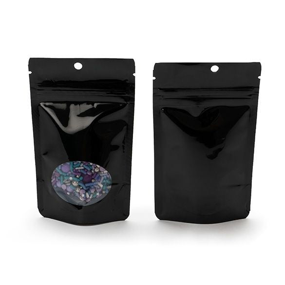 Standbodenbeutel Schwarz 8x5x13cm | 28 Gramm mit rundem Fenster & Aufhängeloch (100 Stück) [ZBGO1BH]