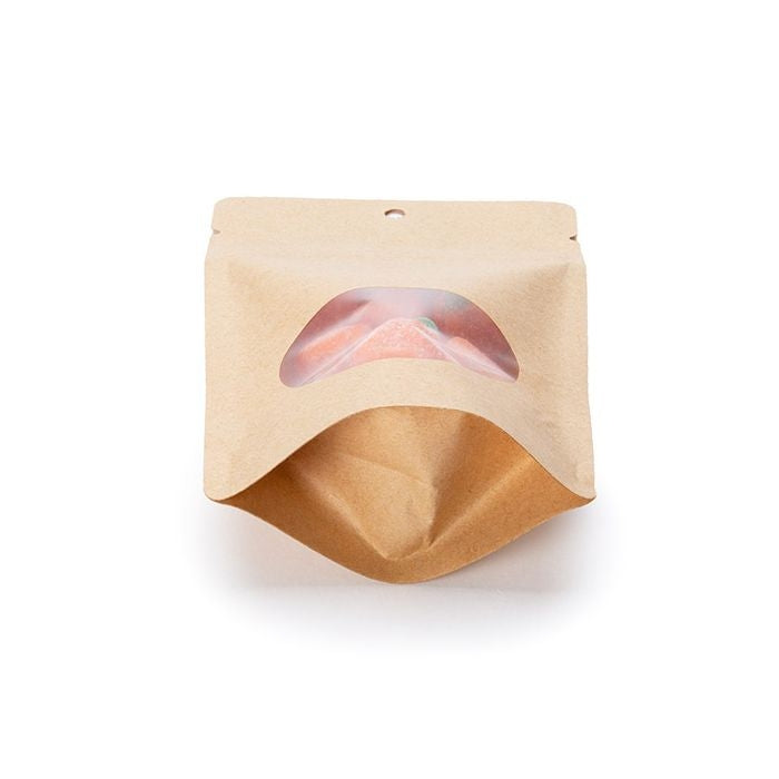 Standbodenbeutel Kraft 10.2x6x15.2cm | 57 Gramm mit rundem Fenster & Aufhängeloch (100 Stück) [ZBGO2KH]