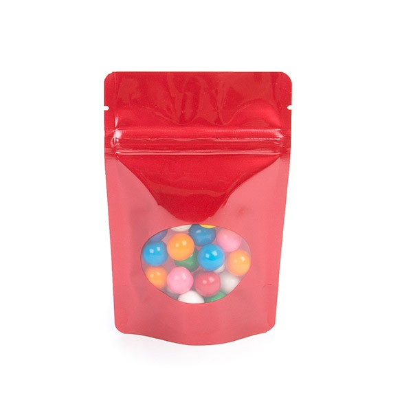 Standbodenbeutel Rot 10.2x6x15.2cm | 57 Gramm mit rundem Fenster (100 Stück) [ZBGO2R]