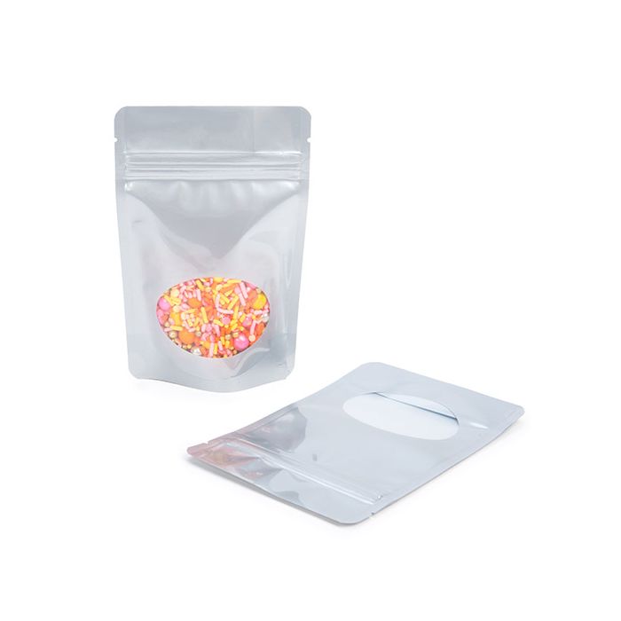 Standbodenbeutel Silber 10.2x6x15.2cm | 57 Gramm mit rundem Fenster (100 Stück) [ZBGO2S]