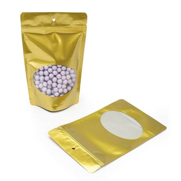 Stand Up Pouches Gold with oval Window 13x7x20.5cm | 113 grams with hang hole