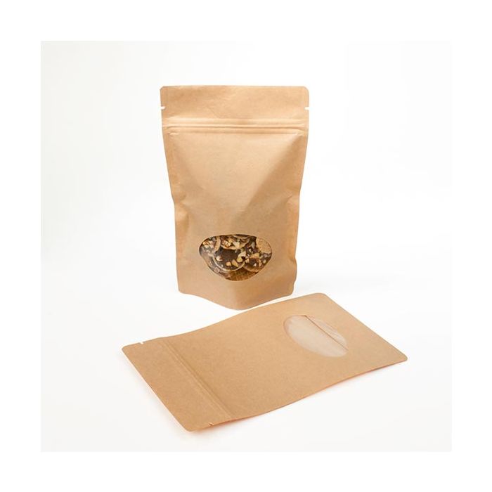 Standbodenbeutel Kraft 13x7x20.5cm | 110 Gramm mit rundem Fenster (100 Stück) [ZBGO3K]