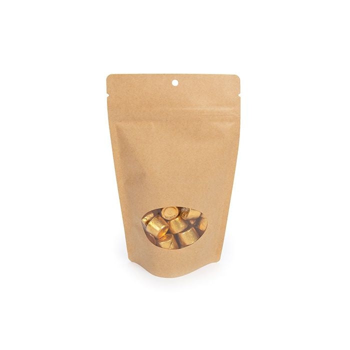 Standbodenbeutel Kraft 13x8x20.5cm | 110 Gramm mit rundem Fenster & Aufhängeloch (100 Stück) [ZBGO3KH]