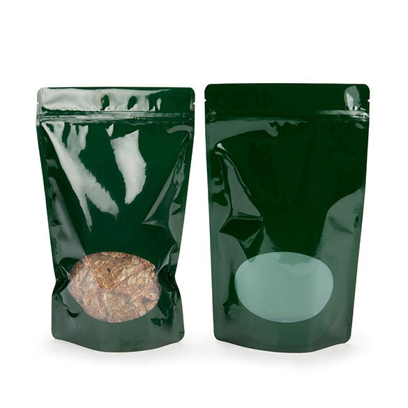 Standbodenbeutel Grün 17x9x28.5cm | 340 Gramm mit rundem Fenster (100 Stück) [ZBGO4HG]